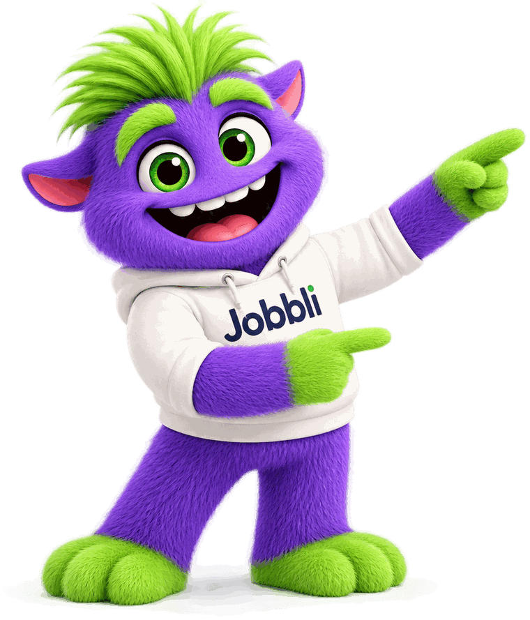 Jobbli mascot pointing at a sample of Jobbli's results